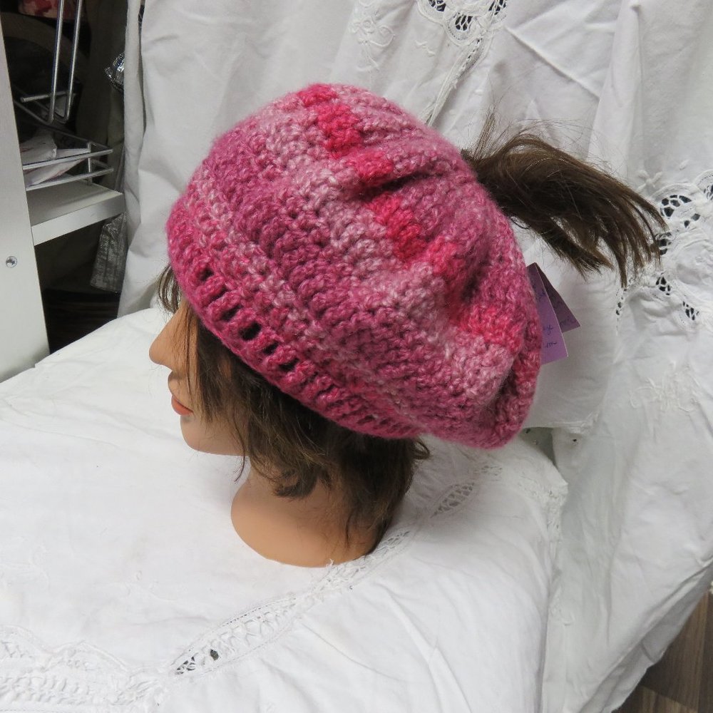 HAND CROCHETED PONYTAIL HAT/various pinks